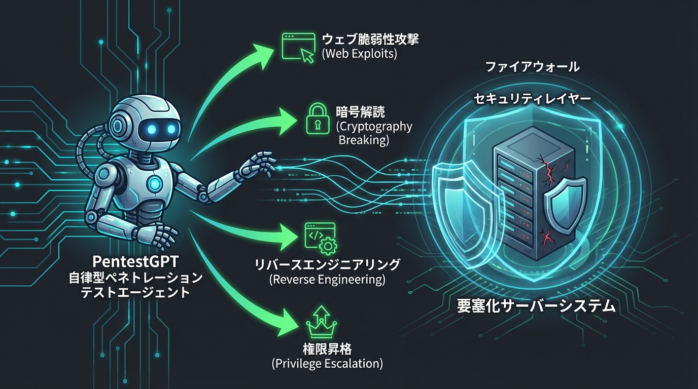 PentestGPTの特徴: 単一AIエージェントが攻撃者視点でシステムに侵入を試みる