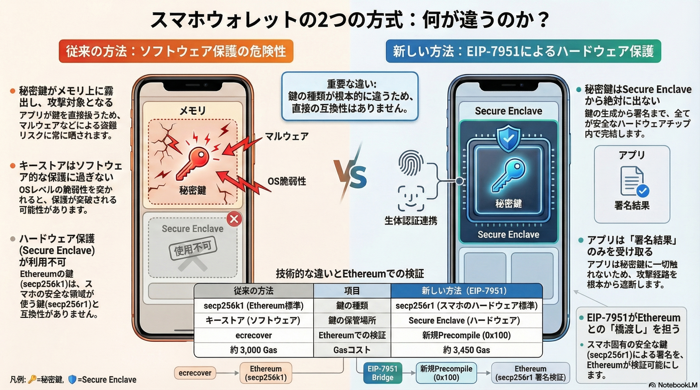 従来型スマホウォレットとSecure Enclaveウォレットの比較
