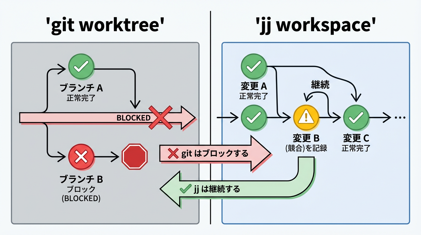 git worktreeとjj workspaceのコンフリクト処理の比較図