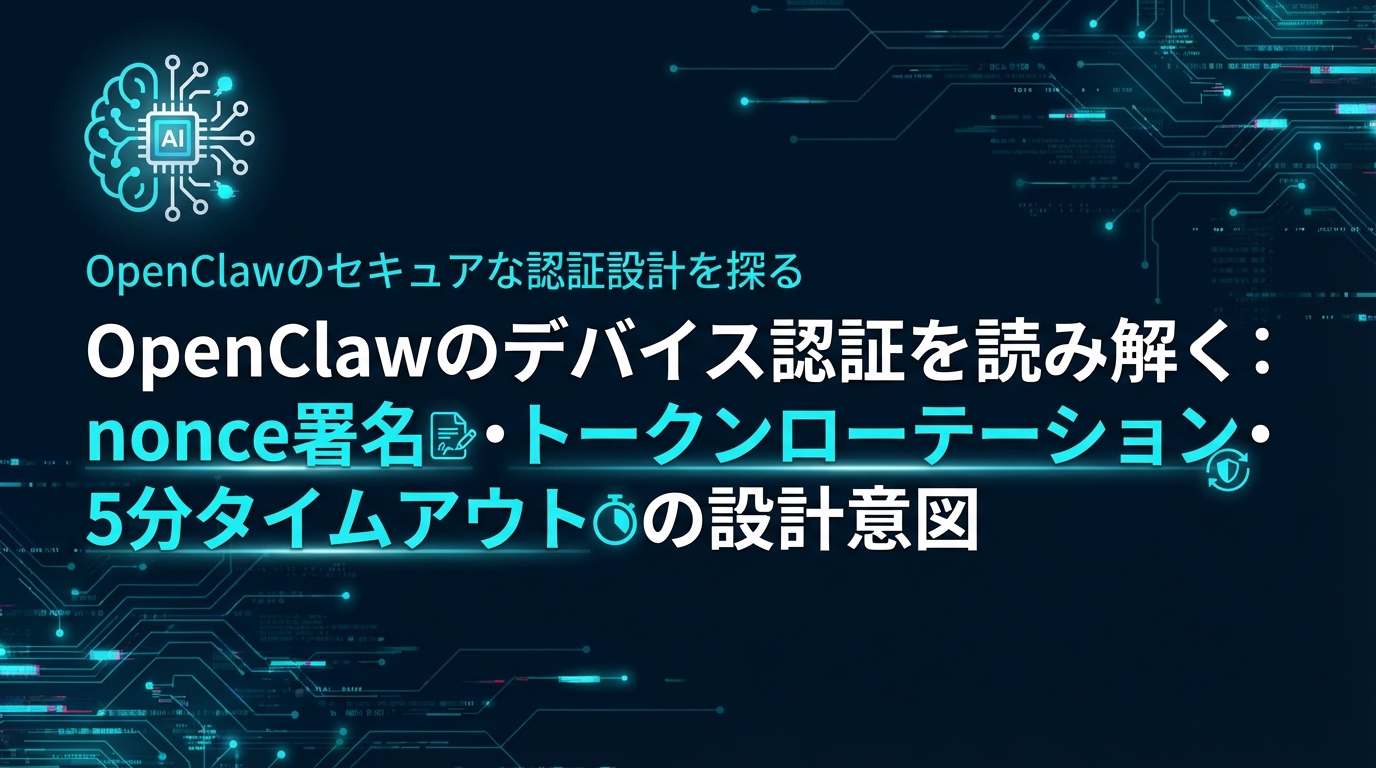 OpenClawのデバイス認証を読み解く: nonce署名・トークンローテーション・5分タイムアウトの設計意図 cover image